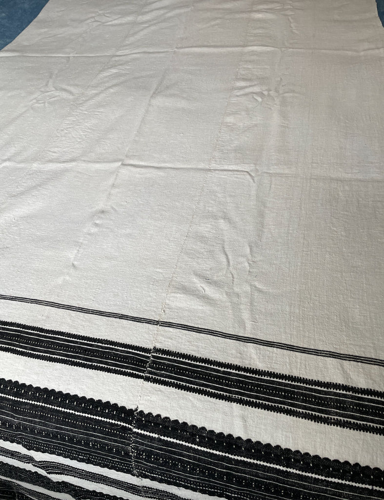 vintage hungarian woven curtain or bedcover black with cream stripes hand loomed textile