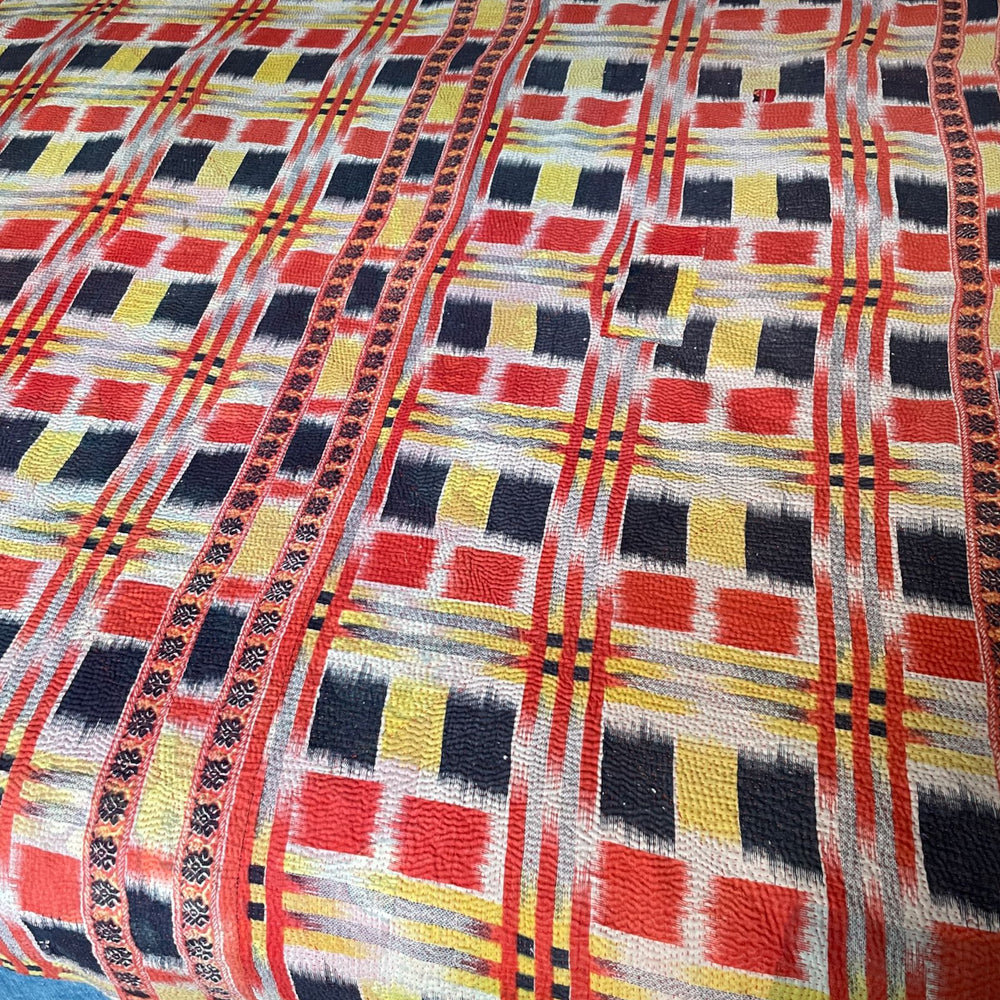 bright checked blanket red yellow orange kantha quilt hand stitched cotton comforter sofa throw