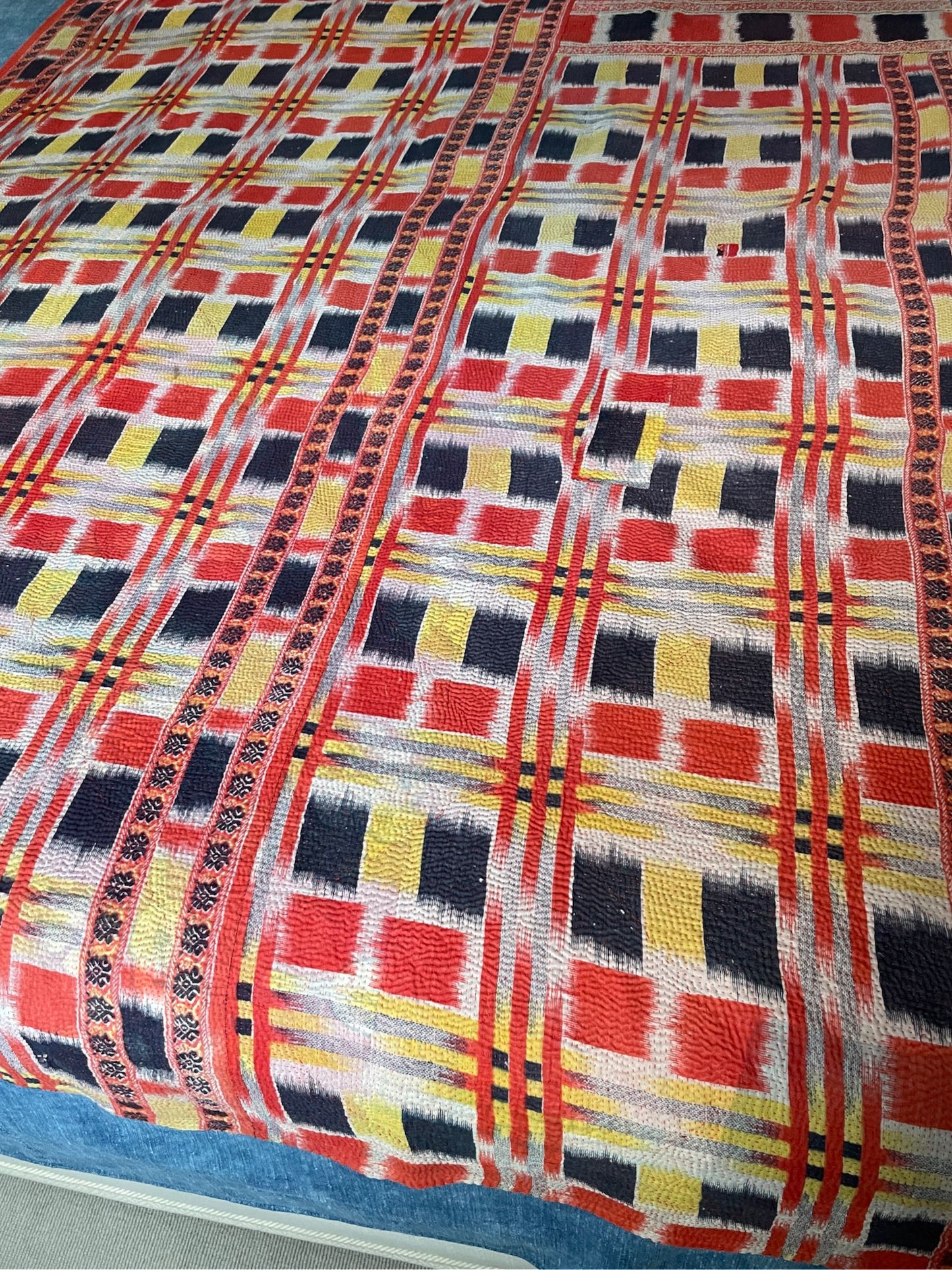 bright checked blanket red yellow orange kantha quilt hand stitched cotton comforter sofa throw