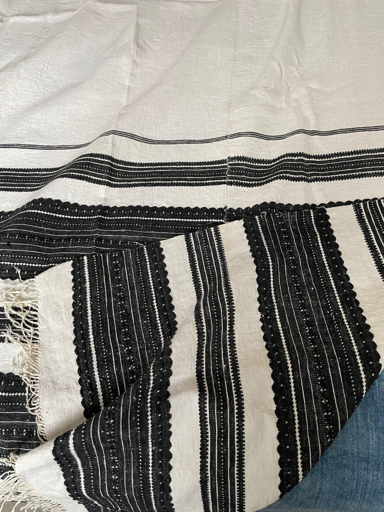 vintage hungarian woven curtain or bedcover black with cream stripes hand loomed textile