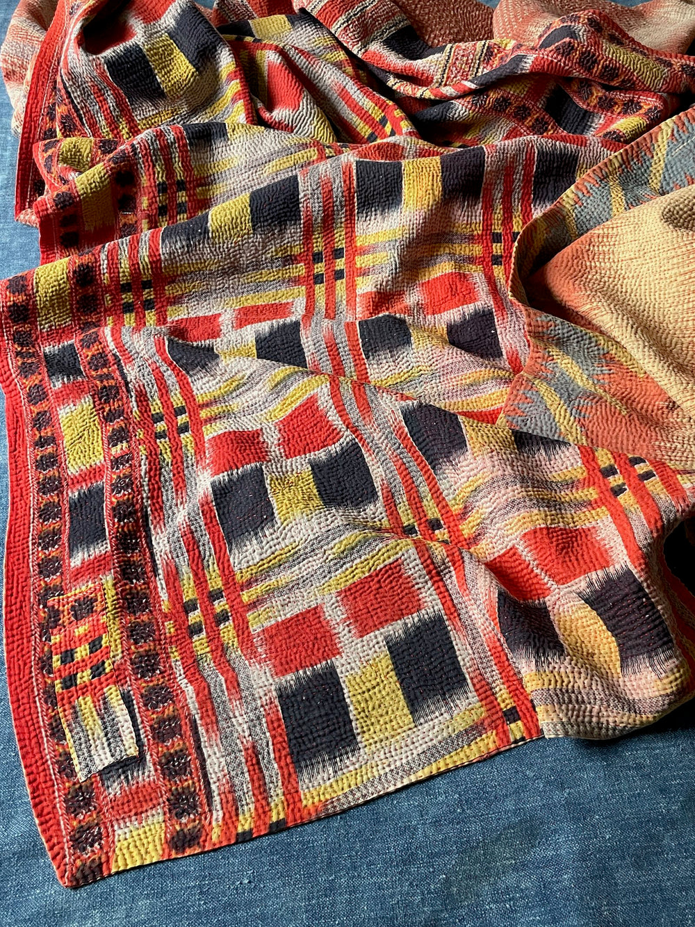 bright checked blanket red yellow orange kantha quilt hand stitched cotton comforter sofa throw