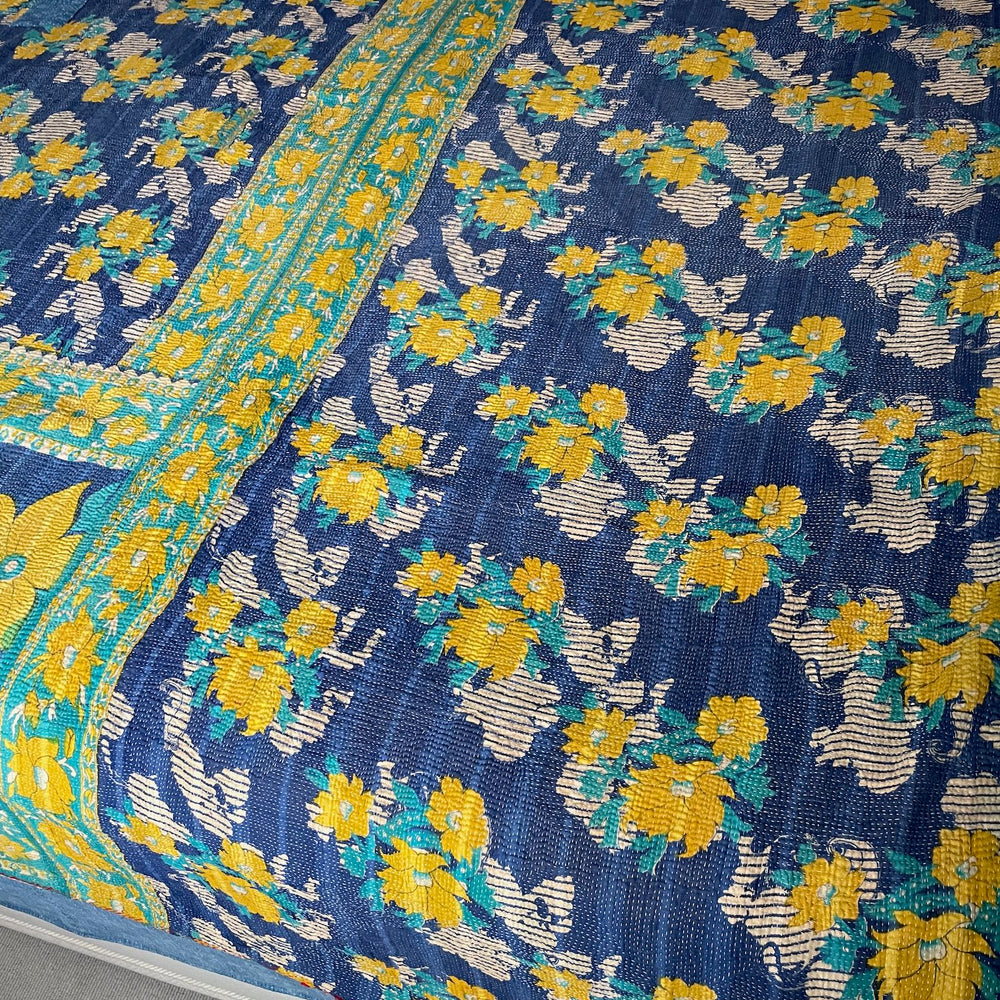 dark blue yellow green floral flowery bedspread vintage indian kantha quilt cotton sofa throw large