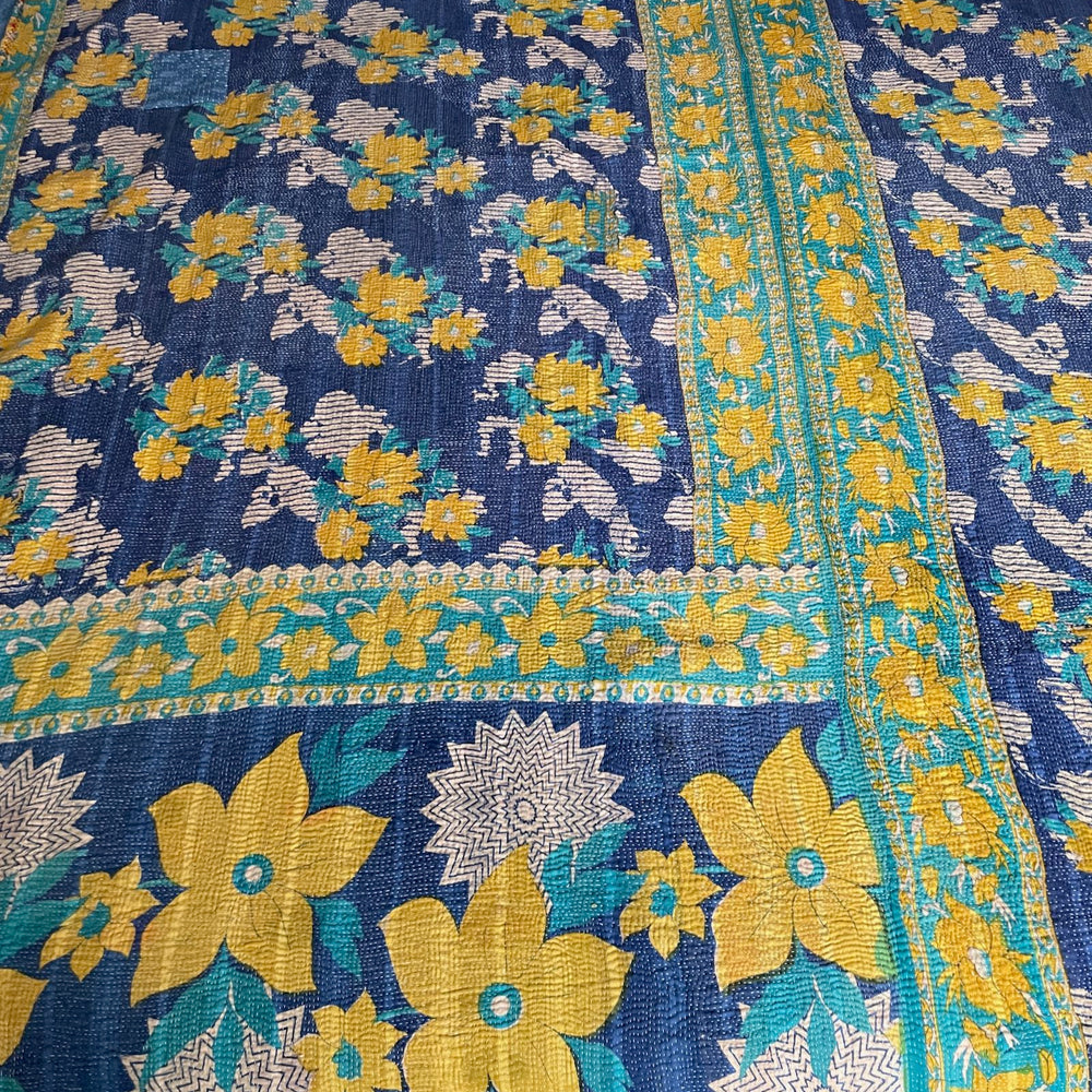 
                  
                    dark blue yellow green floral flowery bedspread vintage indian kantha quilt cotton sofa throw large
                  
                