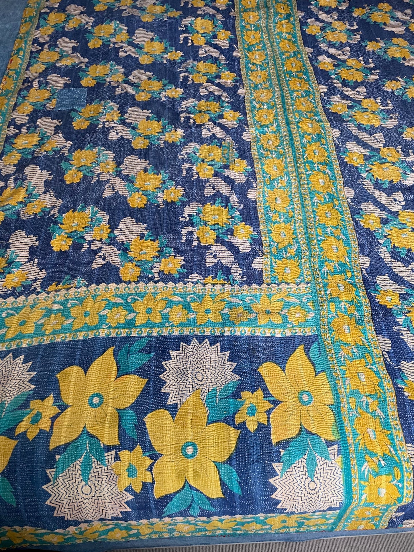 
                  
                    dark blue yellow green floral flowery bedspread vintage indian kantha quilt cotton sofa throw large
                  
                