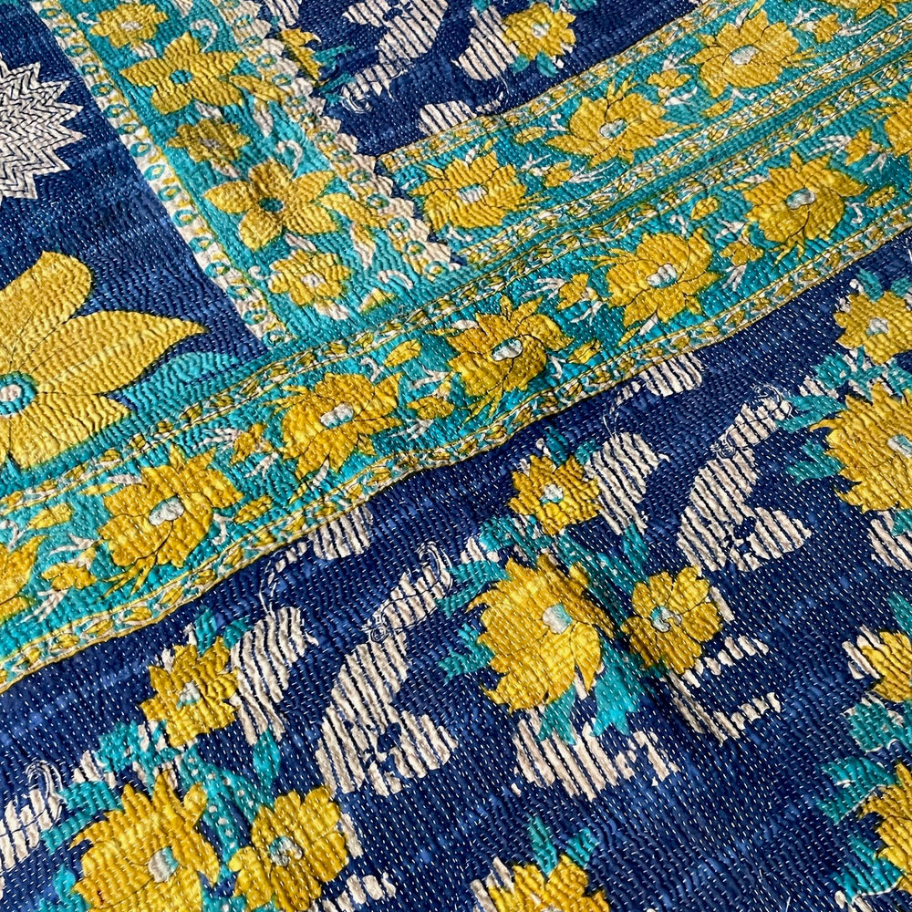 
                  
                    dark blue yellow green floral flowery bedspread vintage indian kantha quilt cotton sofa throw large
                  
                