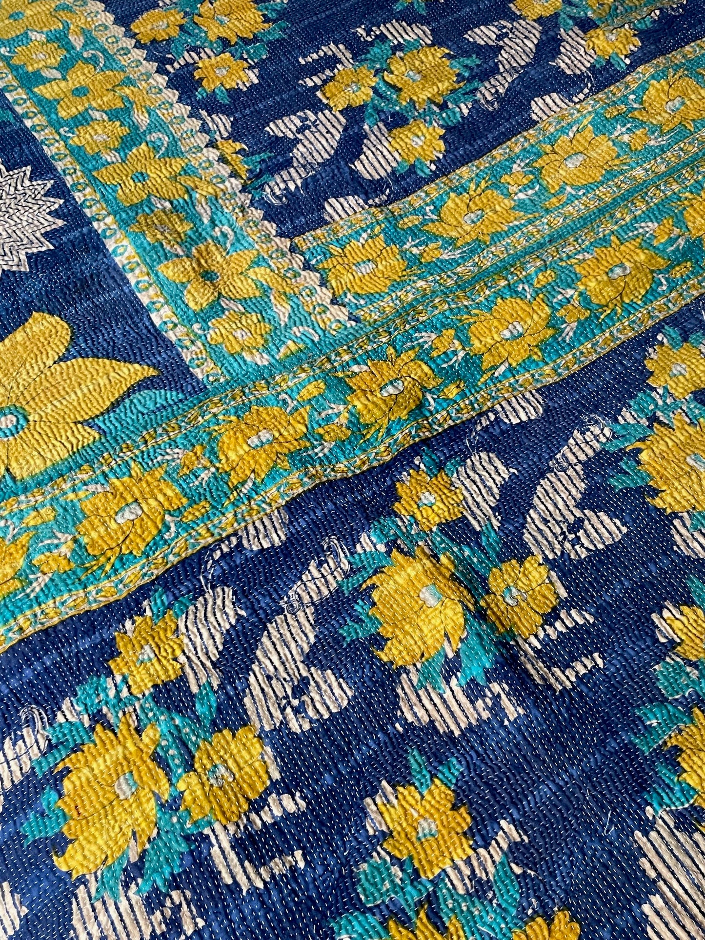 
                  
                    dark blue yellow green floral flowery bedspread vintage indian kantha quilt cotton sofa throw large
                  
                