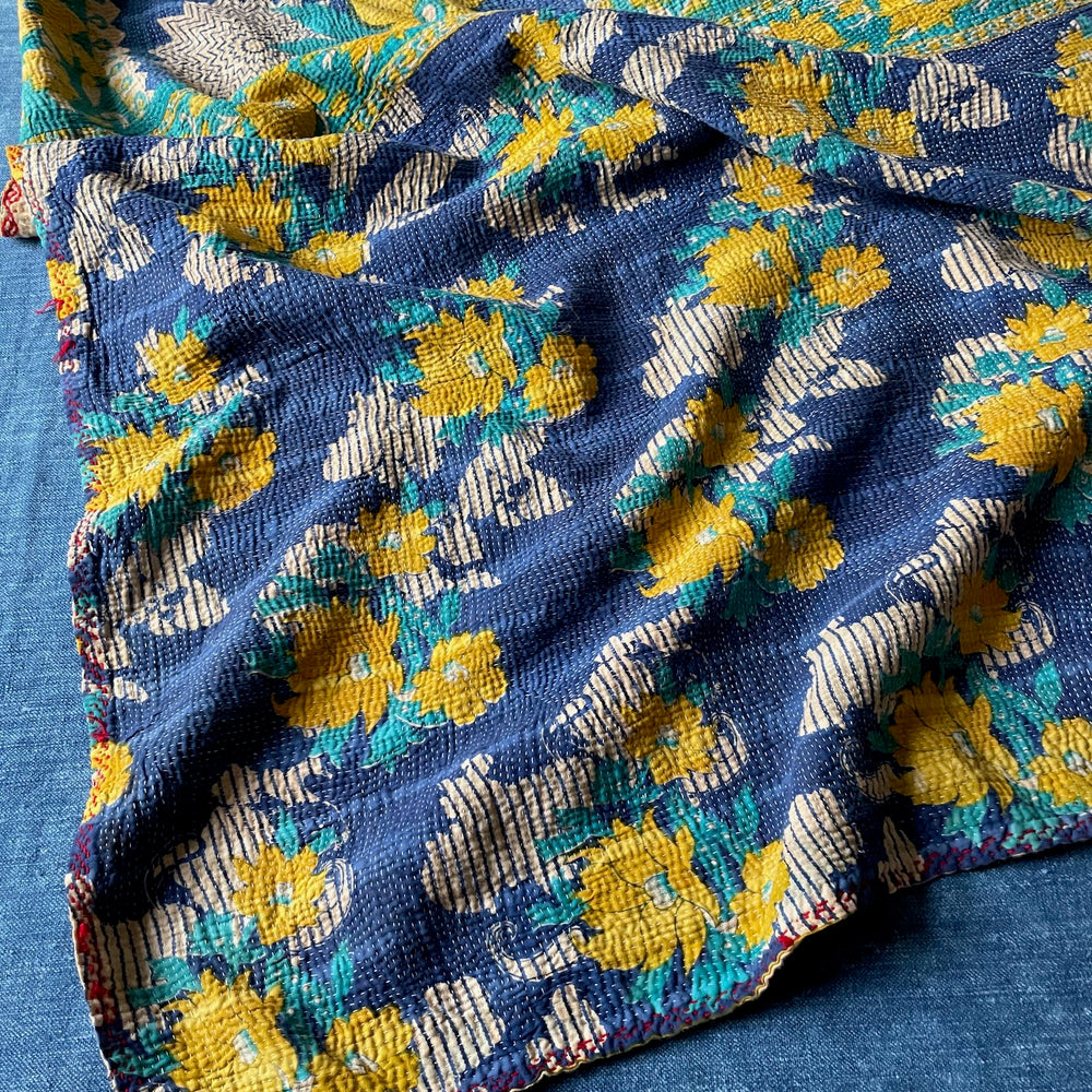 dark blue yellow green floral flowery bedspread vintage indian kantha quilt cotton sofa throw large