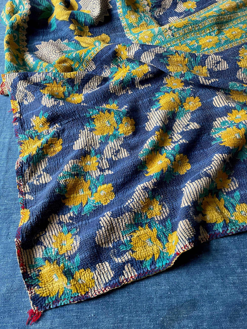 dark blue yellow green floral flowery bedspread vintage indian kantha quilt cotton sofa throw large