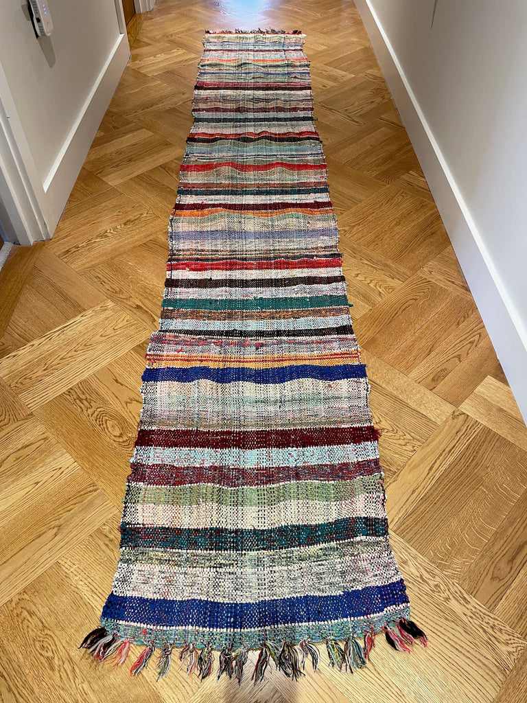 rag rug striped floor runner 3.1m long vintage hungarian corridor mat or entry hall carpet washable