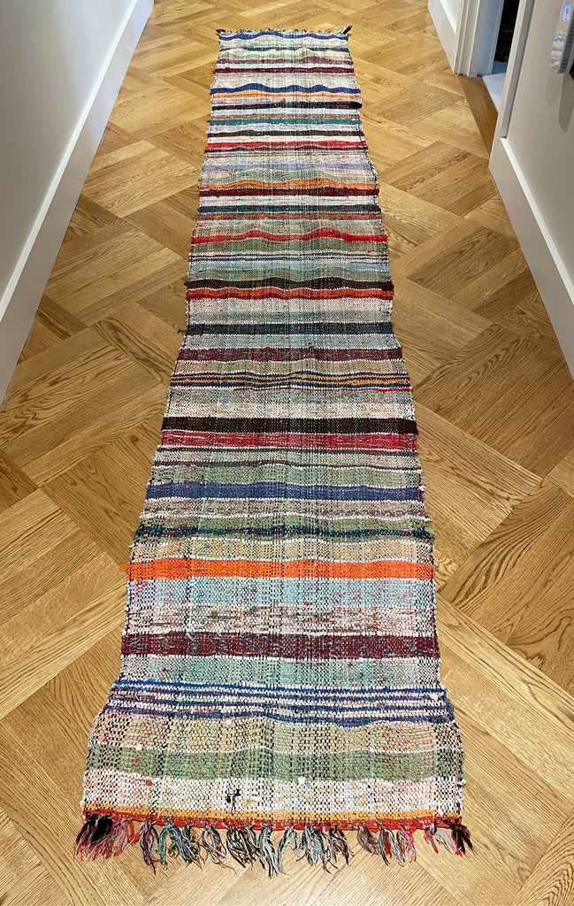 rag rug striped floor runner 3.1m long vintage hungarian corridor mat or entry hall carpet washable