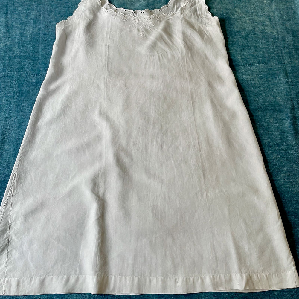 antique french white linen chemise nightdress small embroidered hand stitched film prop cosplay