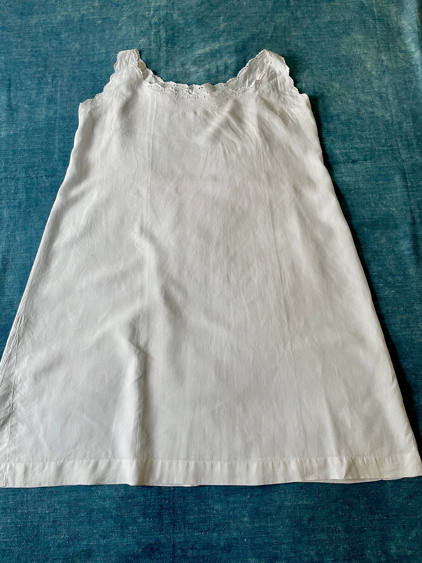 antique french white linen chemise nightdress small embroidered hand stitched film prop cosplay