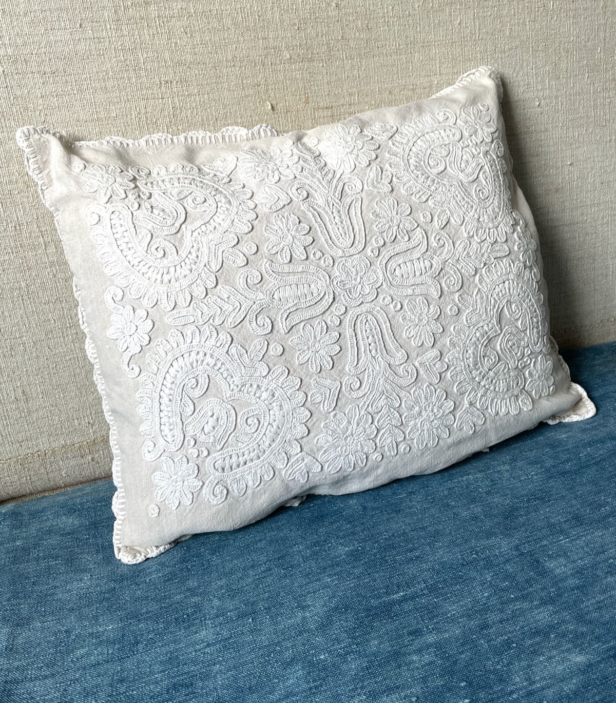 
                  
                    cream white irasos pillow hand embroidered folk textile cushion vintage couch pillow feather pad
                  
                