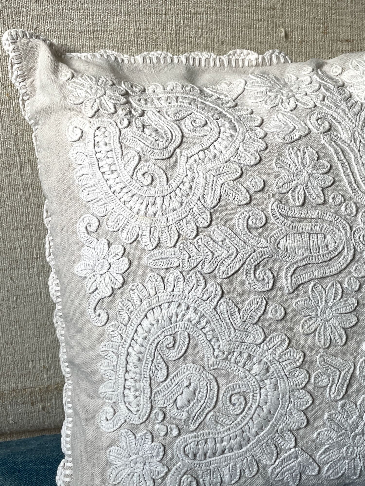 
                  
                    cream white irasos pillow hand embroidered folk textile cushion vintage couch pillow feather pad
                  
                