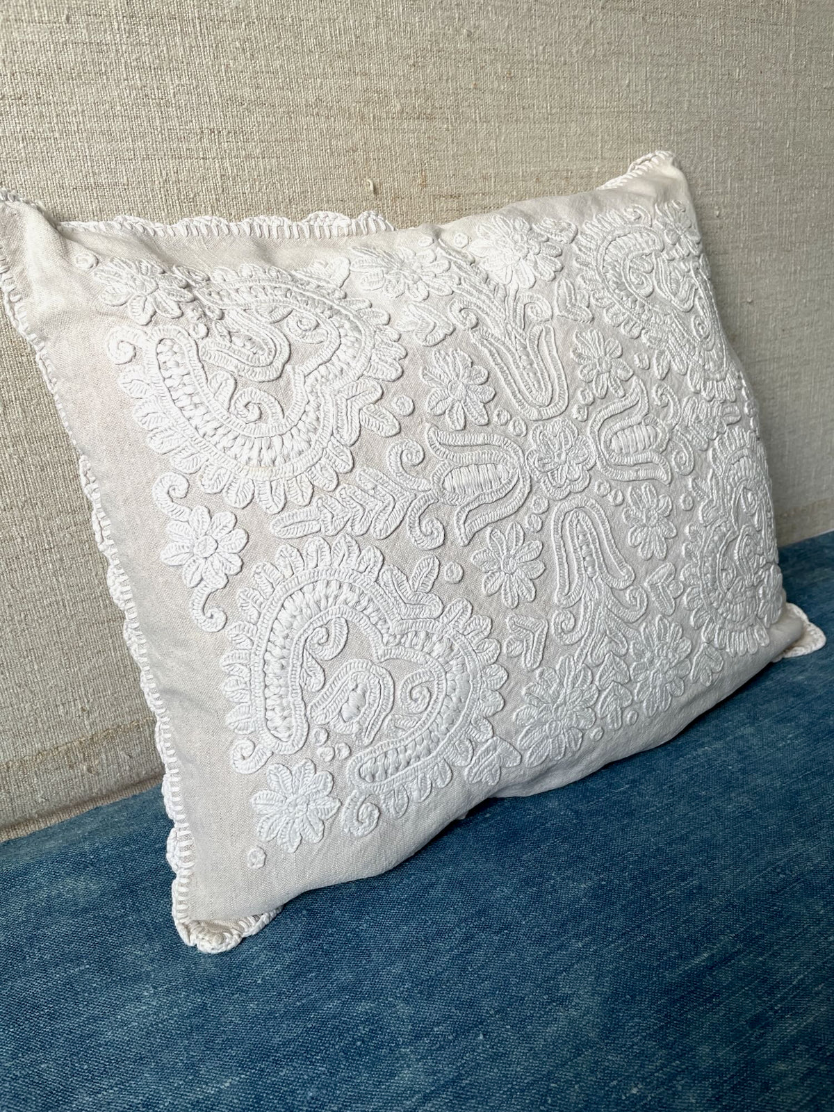 
                  
                    cream white irasos pillow hand embroidered folk textile cushion vintage couch pillow feather pad
                  
                