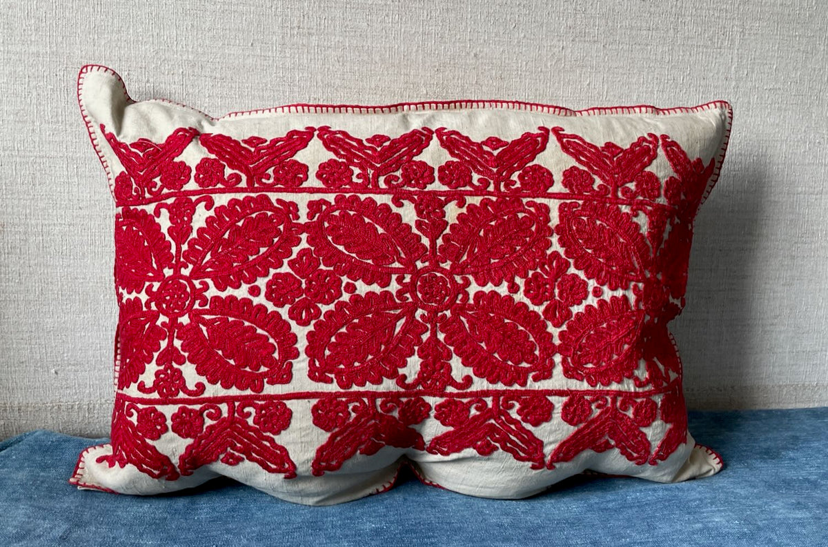 
                  
                    red cream embroidery cushion folk textile irasos pillow hand stitched large vintage couch pillow 
                  
                