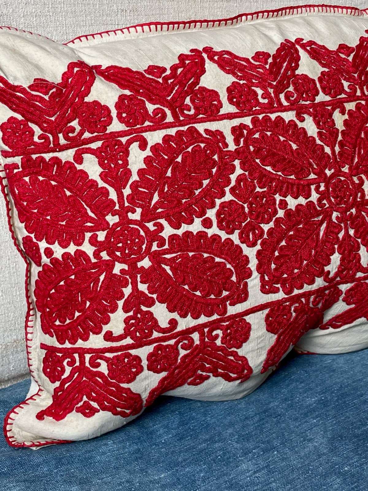 
                  
                    red cream embroidery cushion folk textile irasos pillow hand stitched large vintage couch pillow 
                  
                