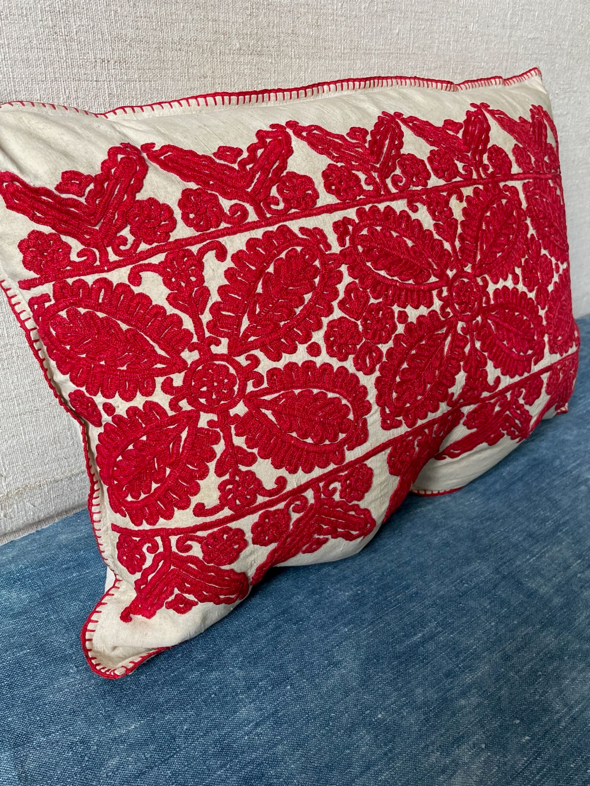 
                  
                    red cream embroidery cushion folk textile irasos pillow hand stitched large vintage couch pillow 
                  
                