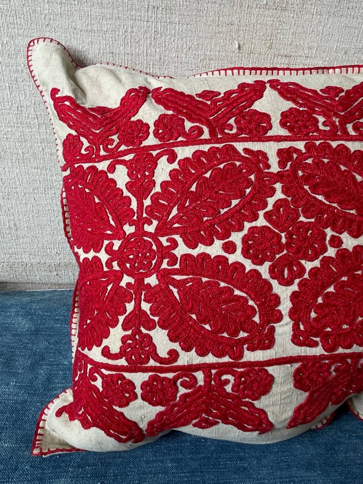 
                  
                    red cream embroidery cushion folk textile irasos pillow hand stitched large vintage couch pillow 
                  
                