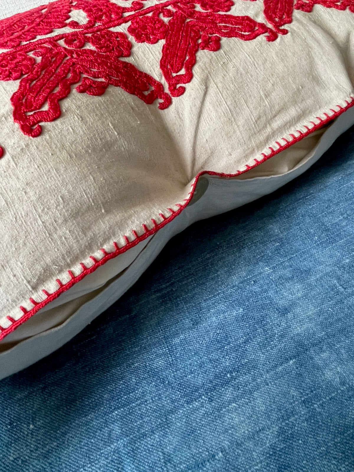 
                  
                    red cream embroidery cushion folk textile irasos pillow hand stitched large vintage couch pillow 
                  
                