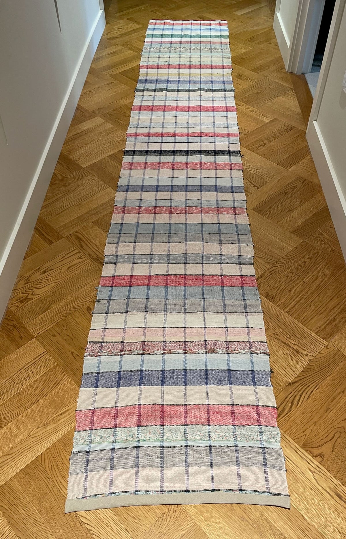
                  
                    long floor runner blue red pink stripes check cotton rag rug hall carpet machine washable uk
                  
                