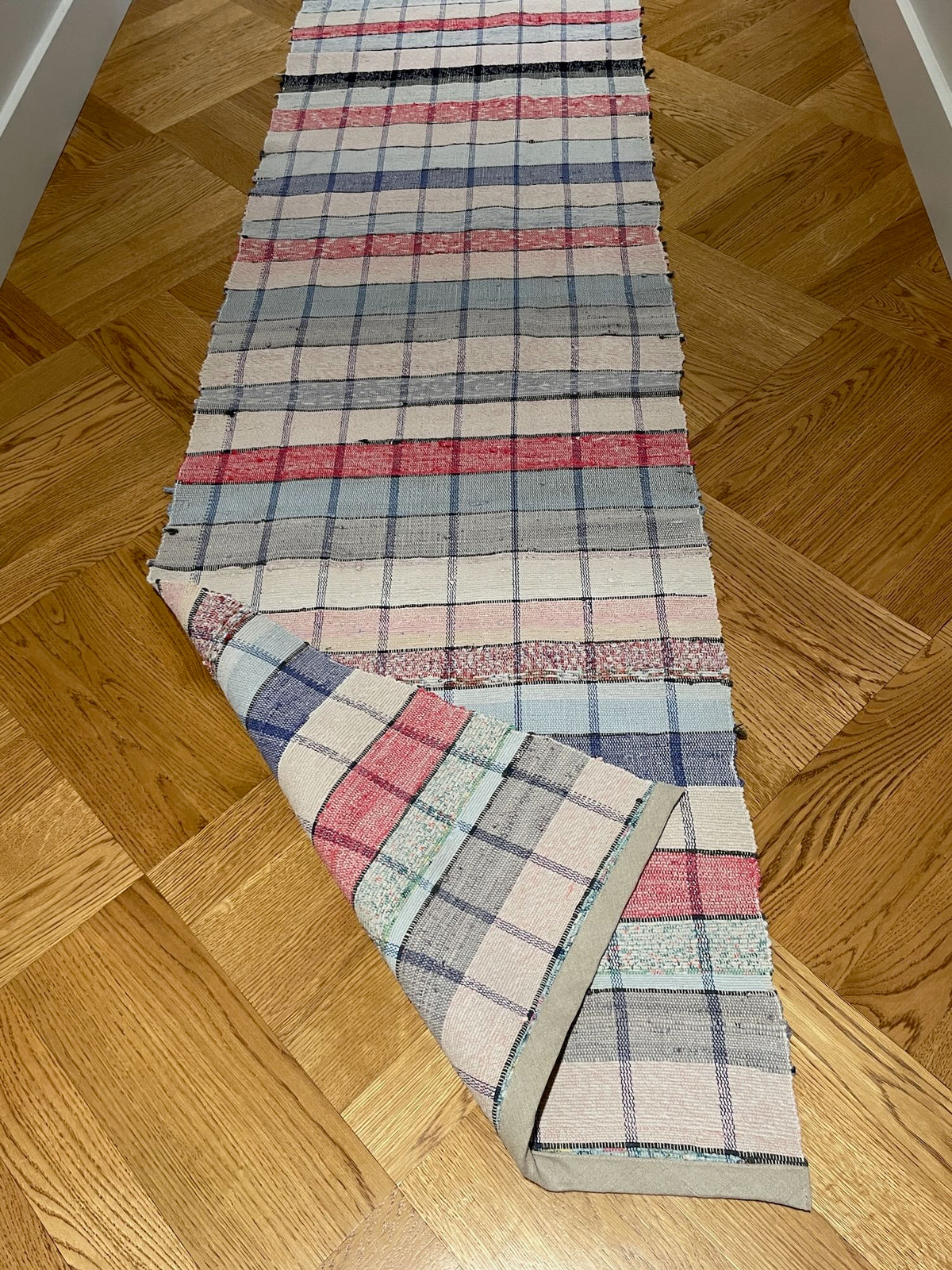 
                  
                    long floor runner blue red pink stripes check cotton rag rug hall carpet machine washable uk
                  
                