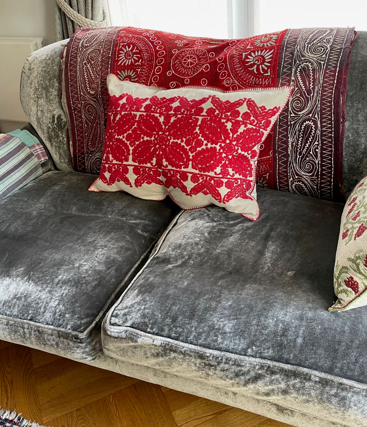 
                  
                    red cream embroidery cushion folk textile irasos pillow hand stitched large vintage couch pillow 
                  
                