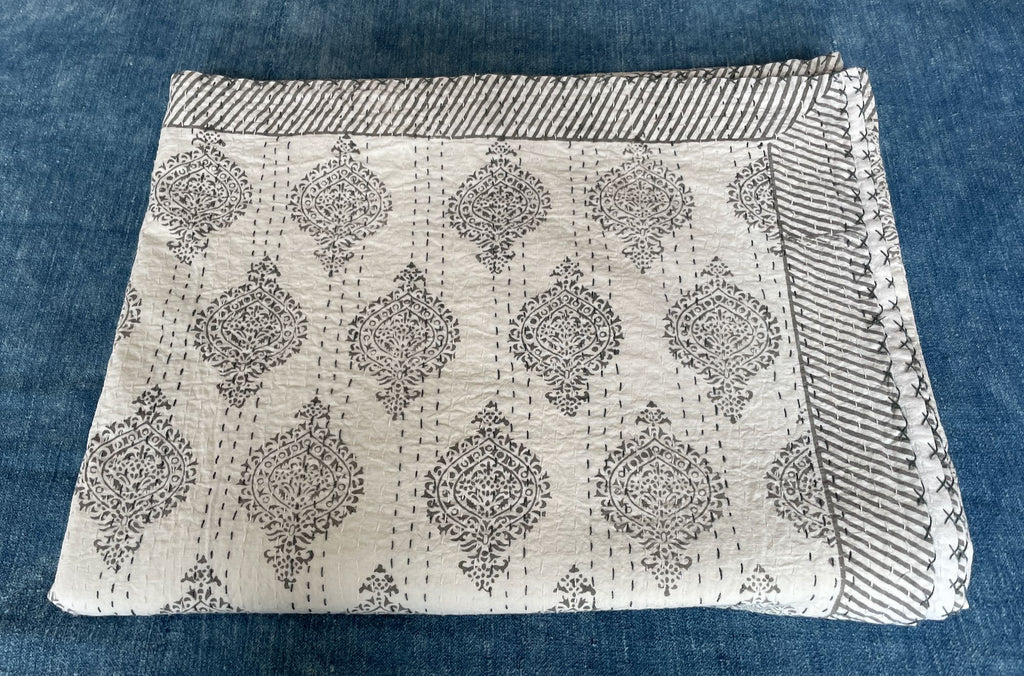 grey block print kantha bedspread large quilt cotton comforter handmade indian bedcover washable