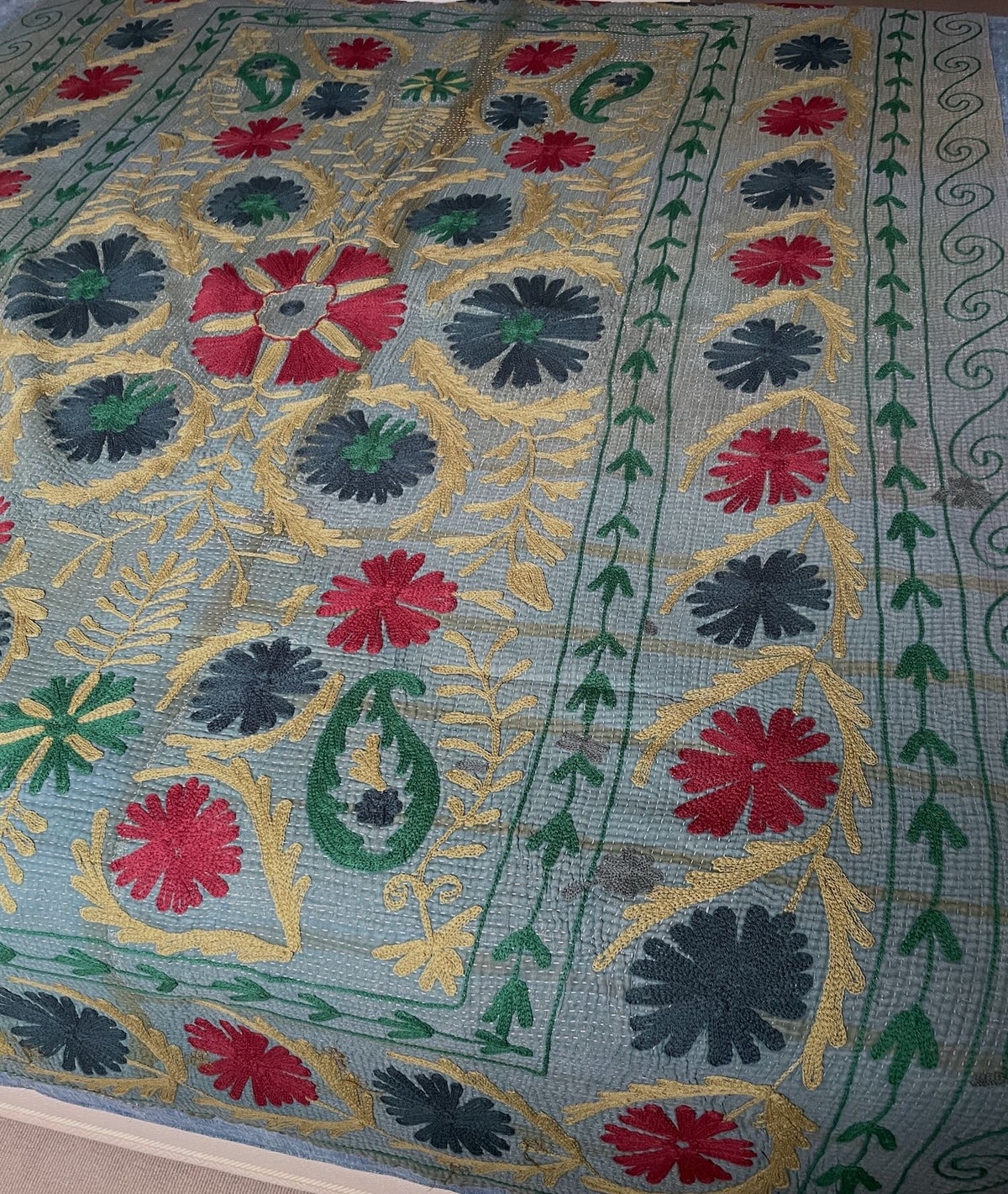 
                  
                    Vintage Kantha Throw Blue Grey with Suzani Embroidery 530
                  
                