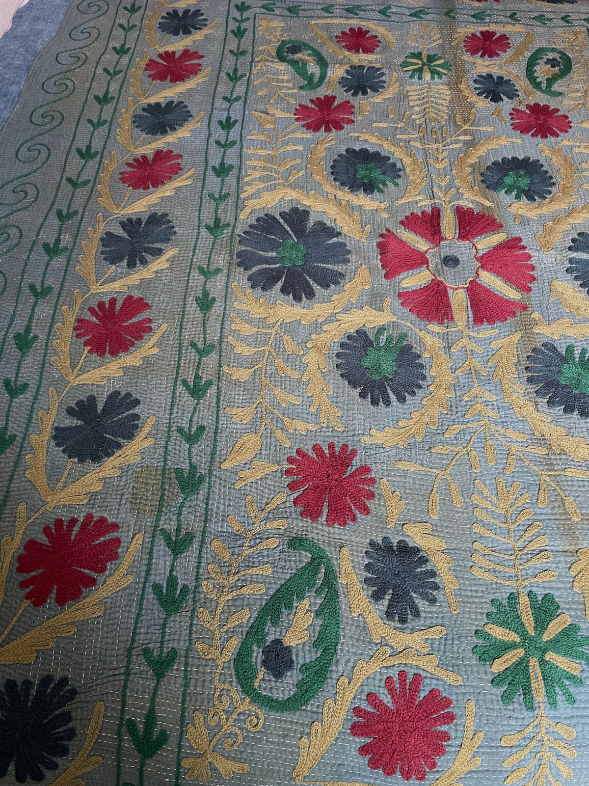 
                  
                    Vintage Kantha Throw Blue Grey with Suzani Embroidery 530
                  
                