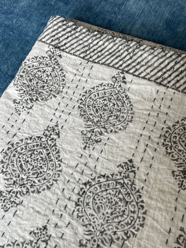 grey block print kantha bedspread large quilt cotton comforter handmade indian bedcover washable