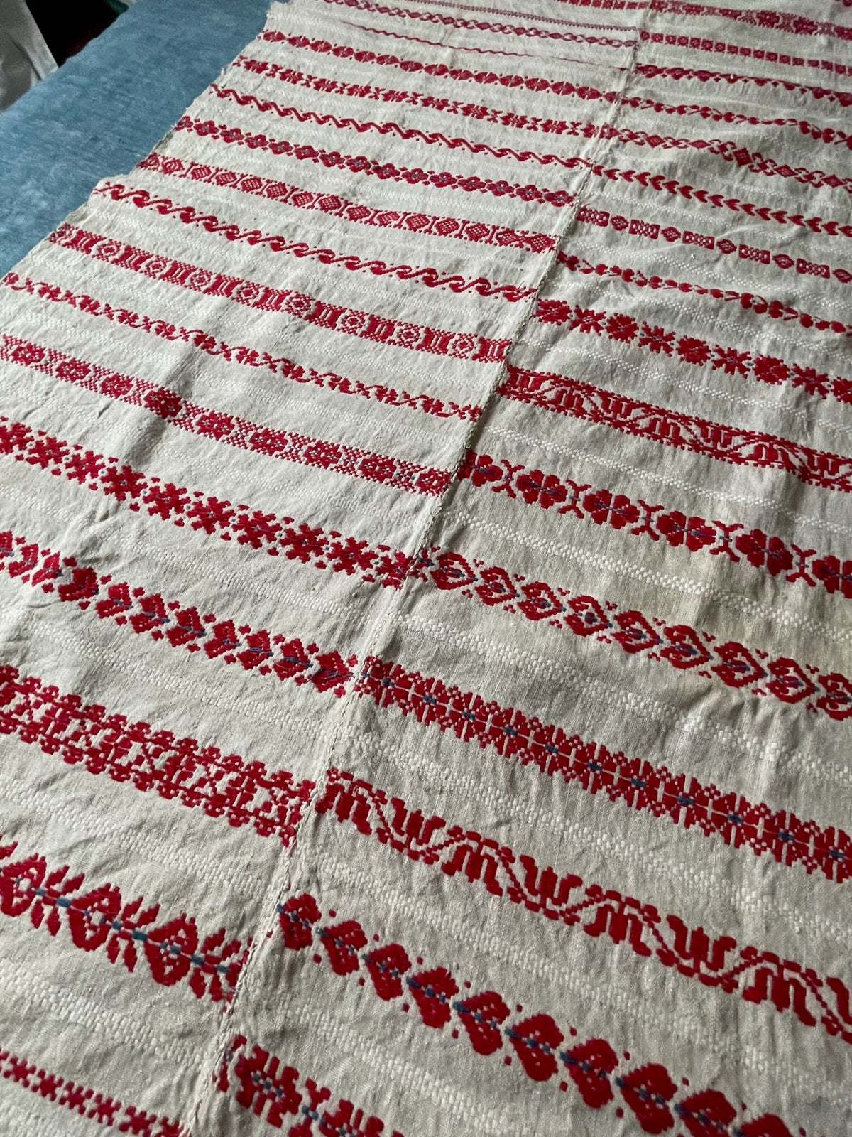 
                  
                    striped red cream fabric for upholstery, cushions, throw vintage east europe folk textile woven hemp
                  
                