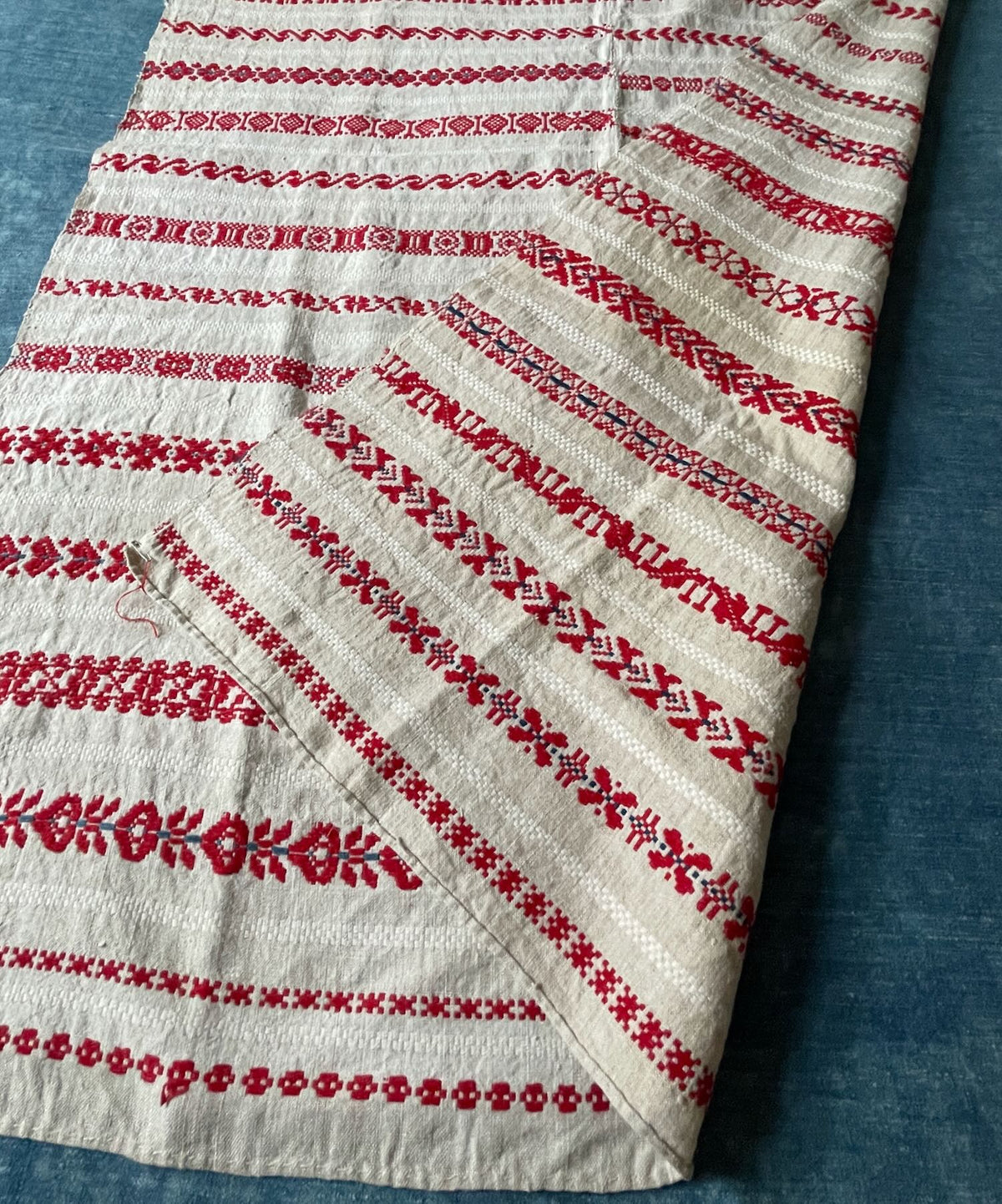 
                  
                    striped red cream fabric for upholstery, cushions, throw vintage east europe folk textile woven hemp
                  
                
