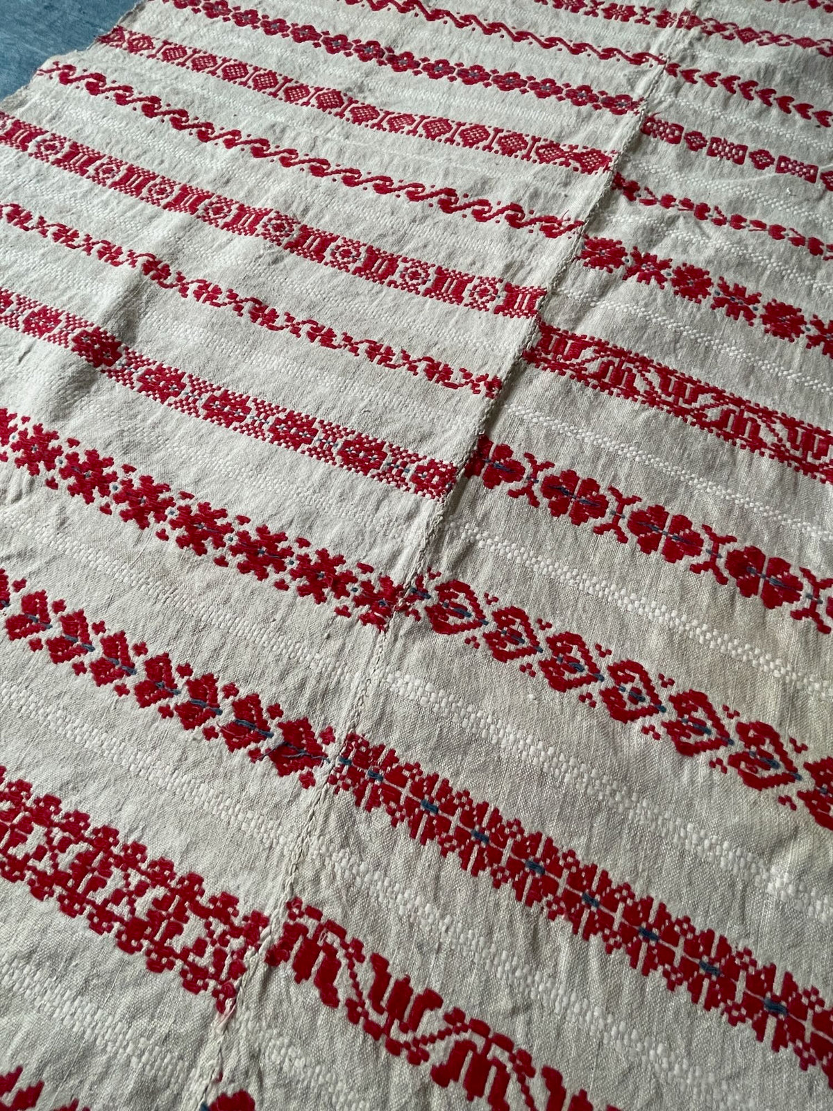 
                  
                    striped red cream fabric for upholstery, cushions, throw vintage east europe folk textile woven hemp
                  
                