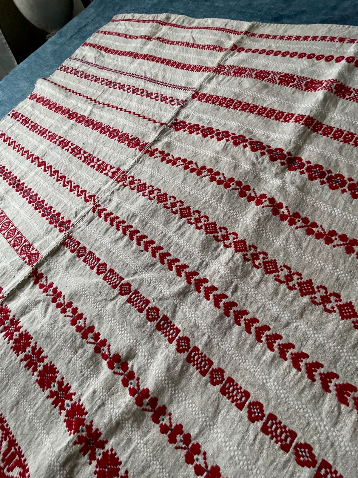 
                  
                    striped red cream fabric for upholstery, cushions, throw vintage east europe folk textile woven hemp
                  
                
