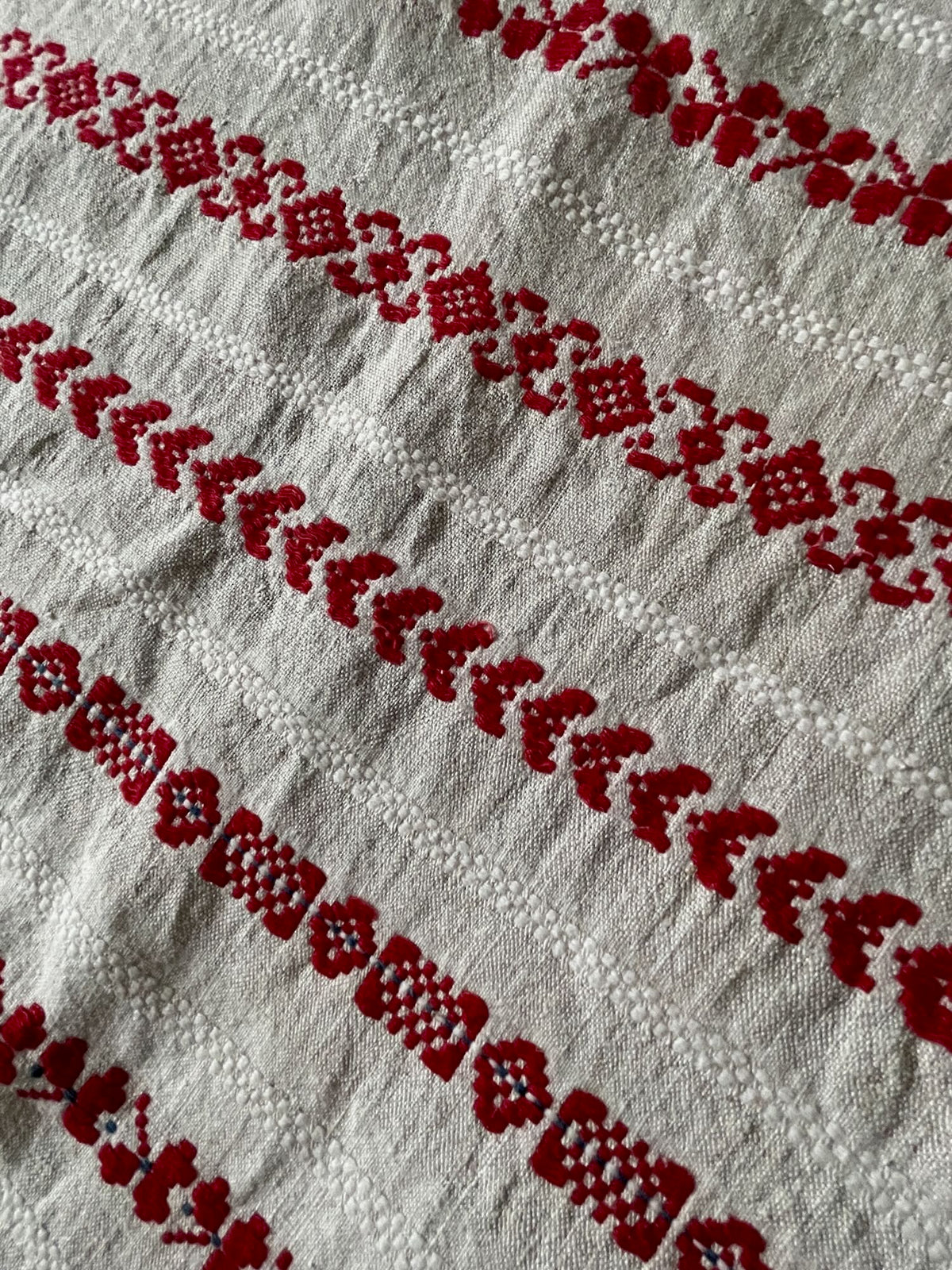 
                  
                    striped red cream fabric for upholstery, cushions, throw vintage east europe folk textile woven hemp
                  
                