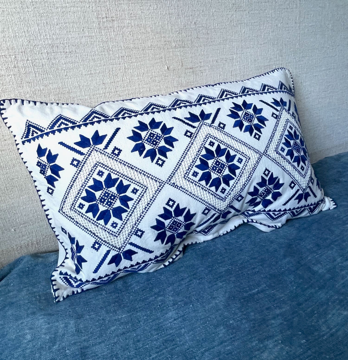 blue star on white cushion hand embroidered vintage pillow folk art textile couch pillow UK