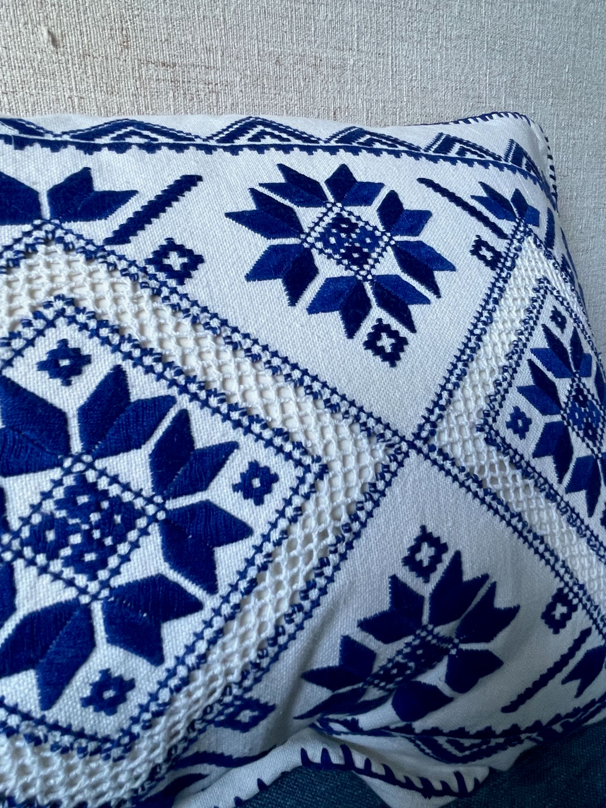 blue star on white cushion hand embroidered vintage pillow folk art textile couch pillow UK