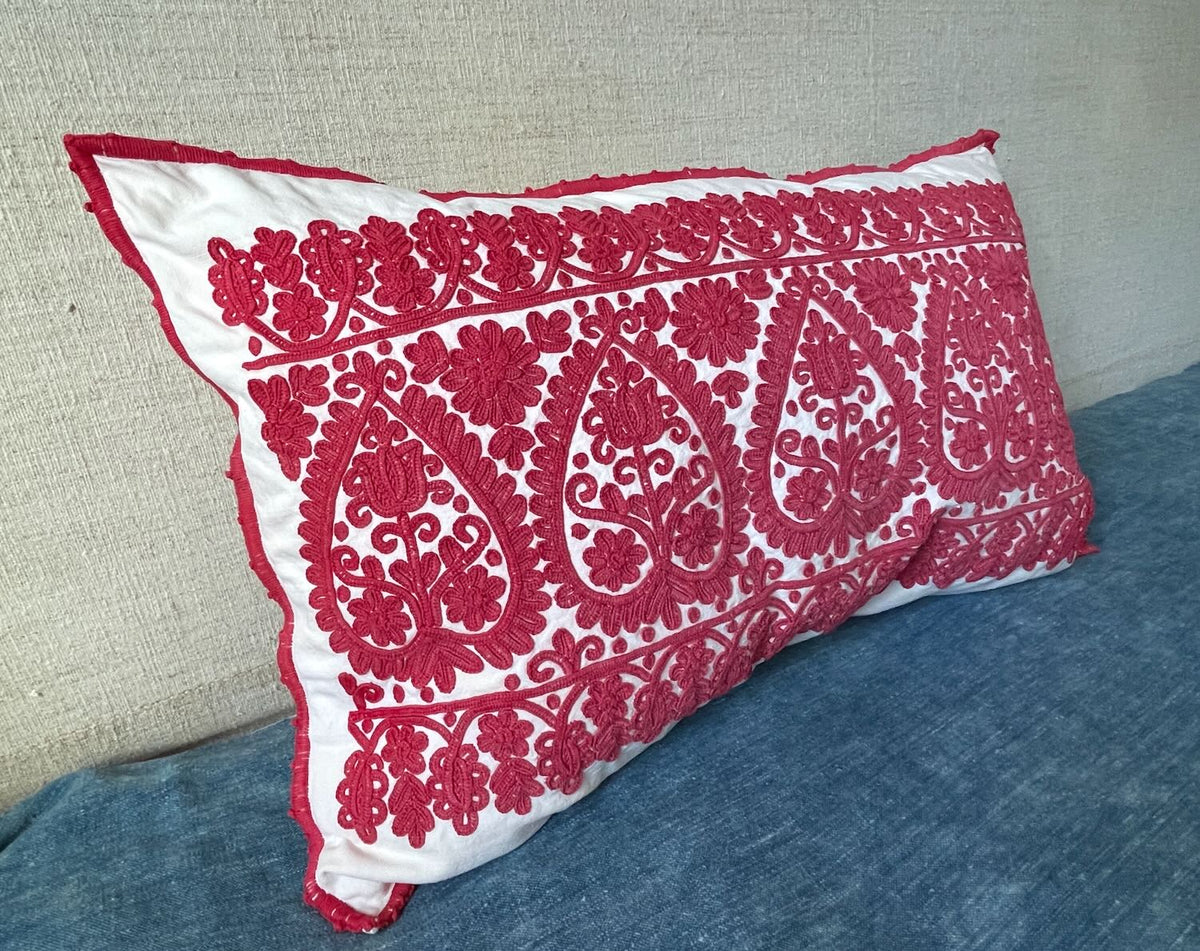 large raspberry red cream pillow hand embroidered irasos cushion for couch bed vintage UK 