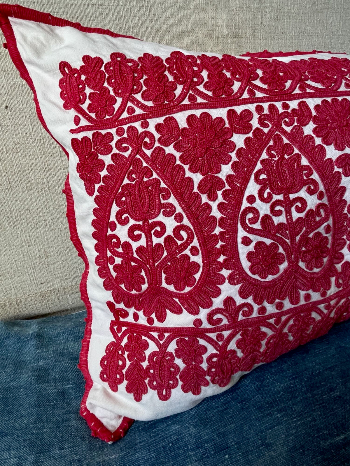 large raspberry red cream pillow hand embroidered irasos cushion for couch bed vintage UK 