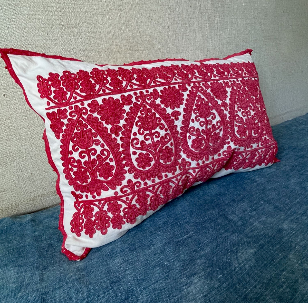 
                  
                    large raspberry red cream pillow hand embroidered irasos cushion for couch bed vintage UK 
                  
                