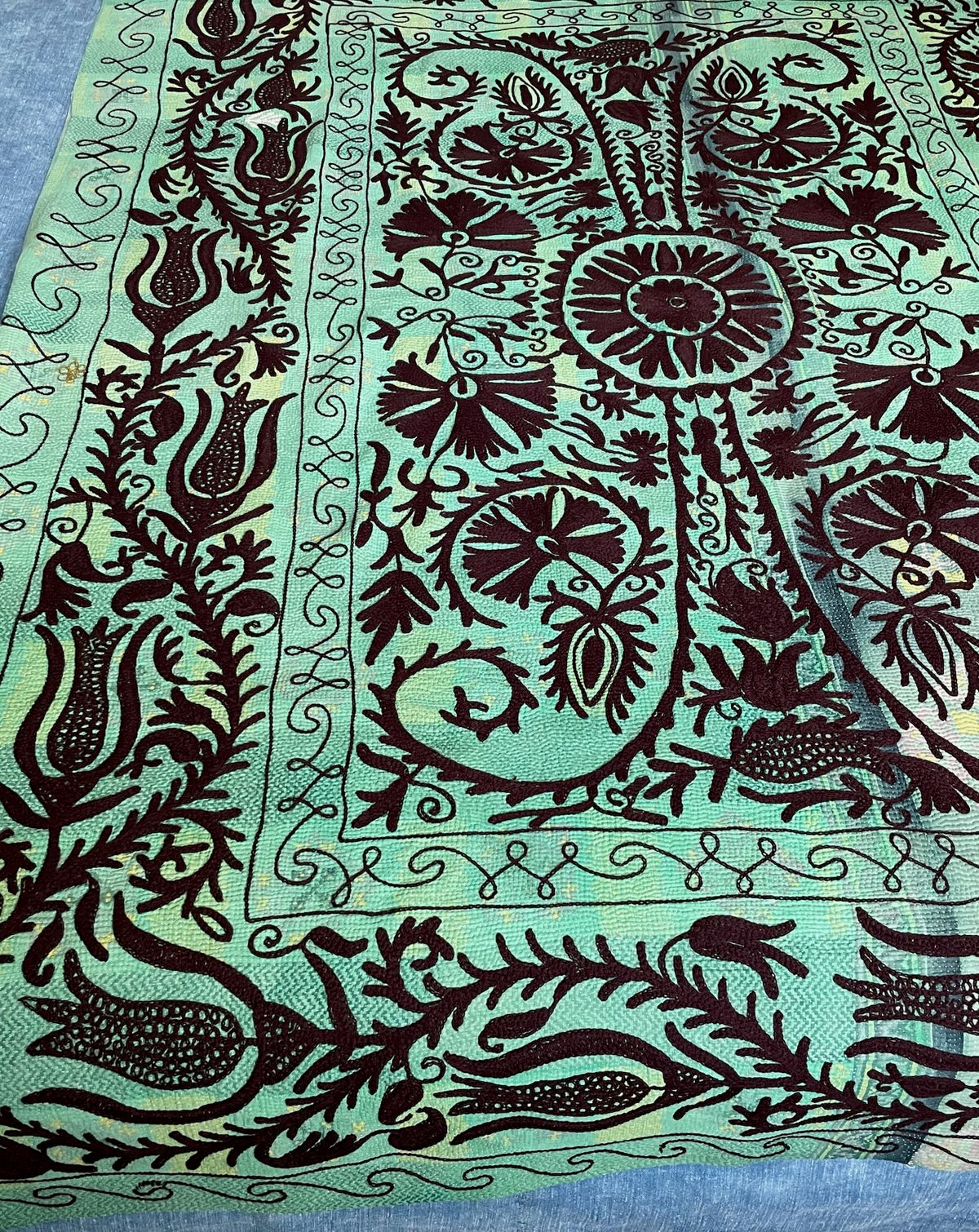 jade green embroidered suzani style kantha quilt cotton bedcover washable sofa throw UK