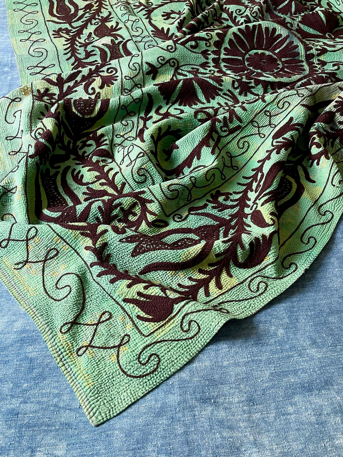 jade green embroidered suzani style kantha quilt cotton bedcover washable sofa throw UK