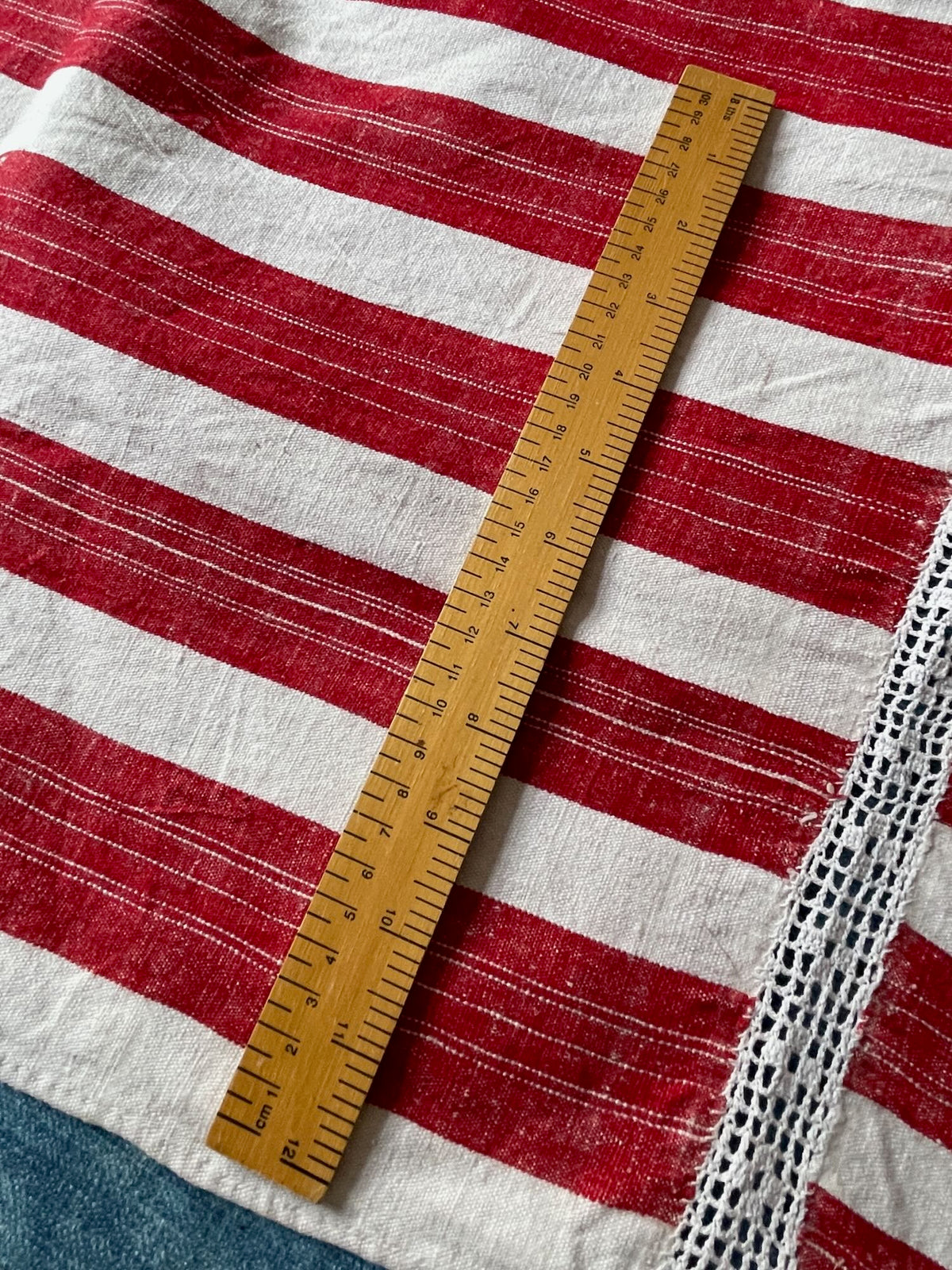 red white striped rustic textile  narrow loom east european cotton and hemp upholstery fabric