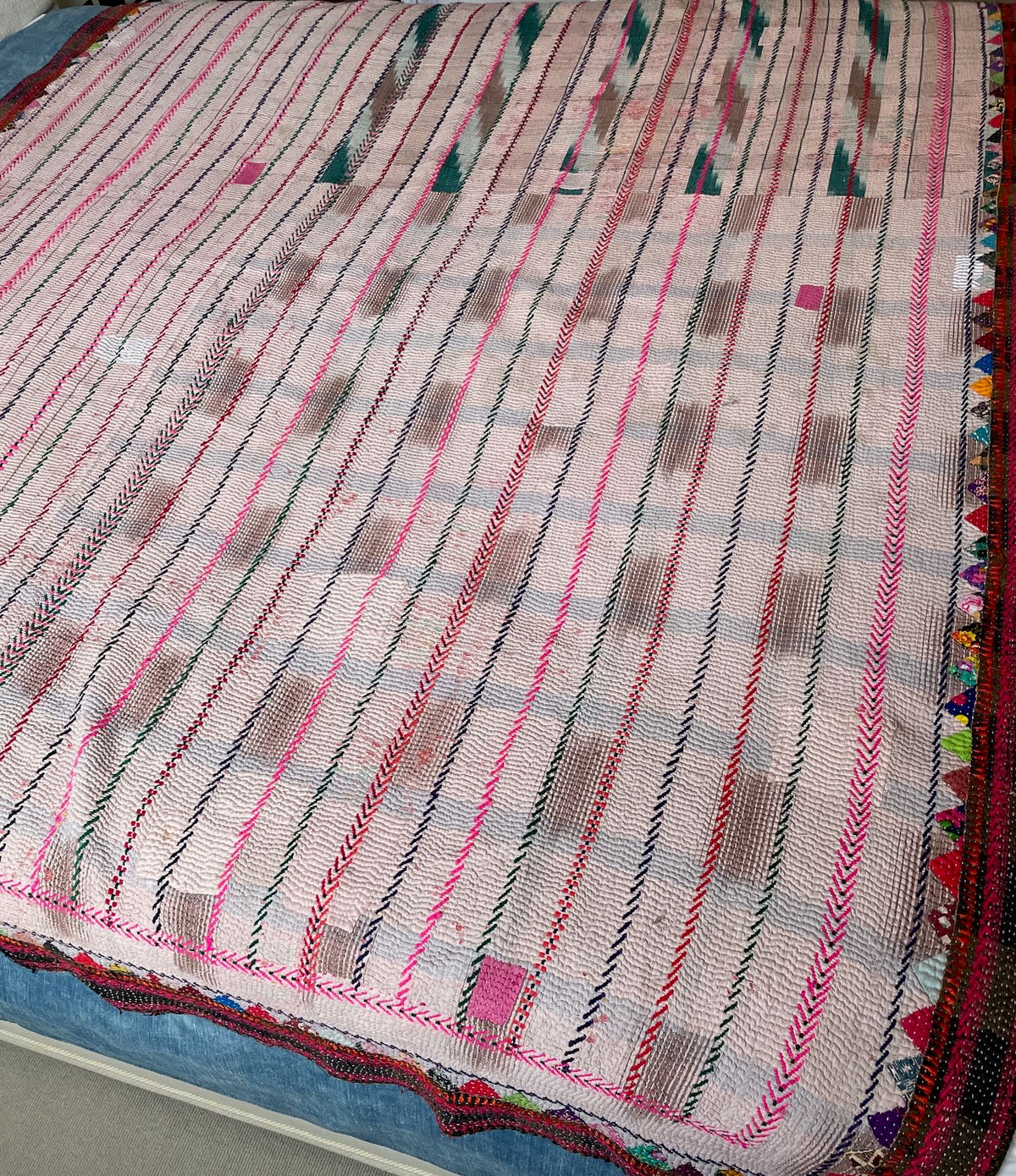 pale pink green embroidered kantha quilt cotton sofa throw cotton bedspread washable uk