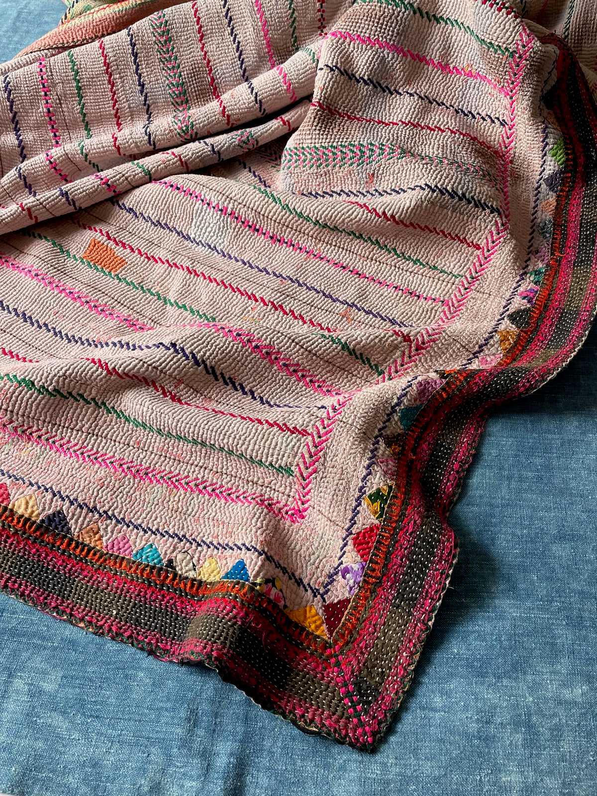 pale pink green embroidered kantha quilt cotton sofa throw cotton bedspread washable uk