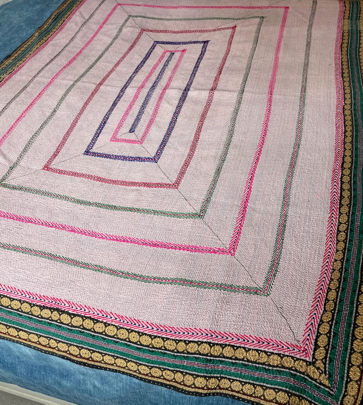 vintage kantha embroidered quilt in white pink. green cotton bedspread sofa throw washable uk