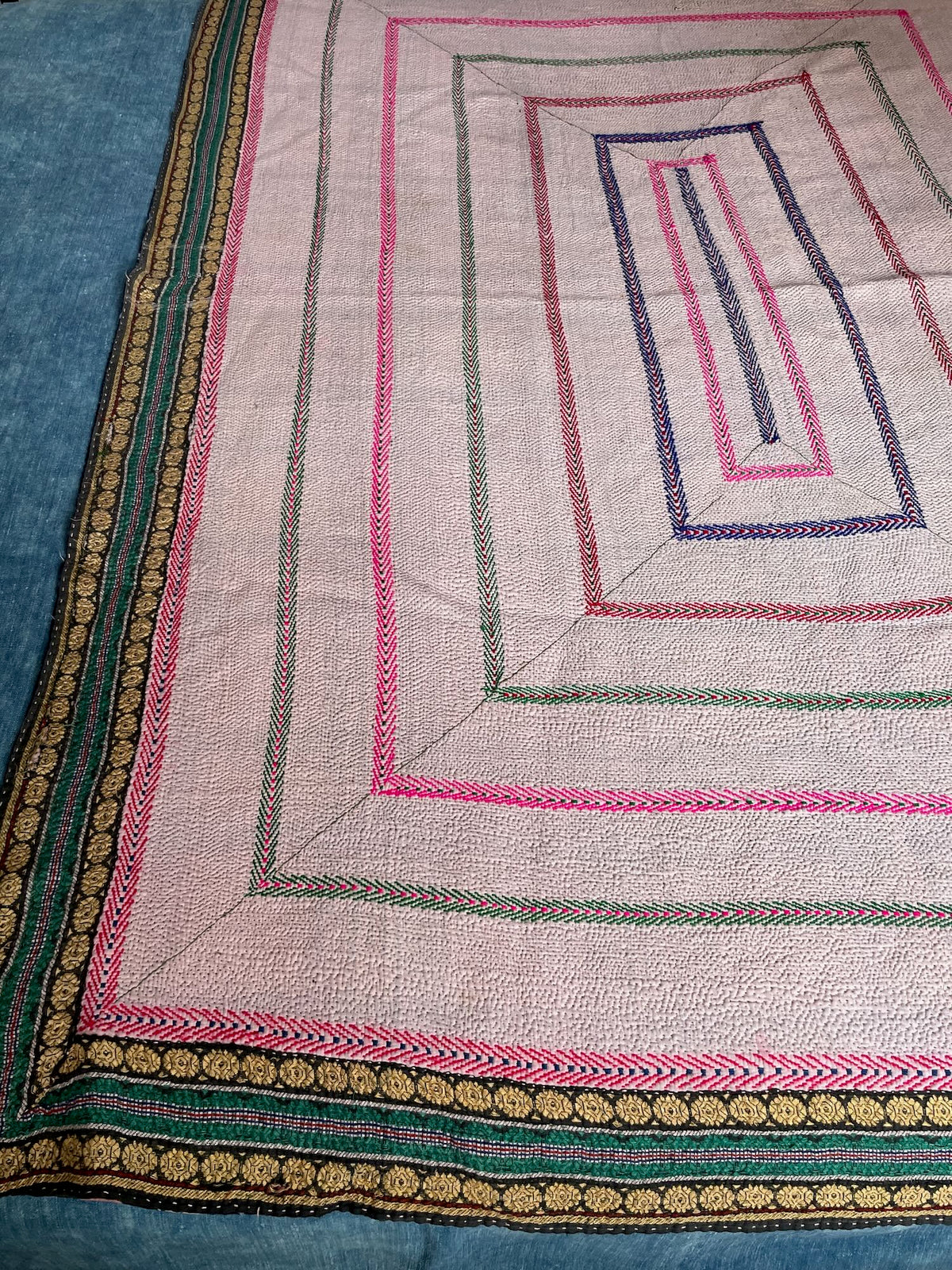 
                  
                    vintage kantha embroidered quilt in white pink. green cotton bedspread sofa throw washable uk
                  
                