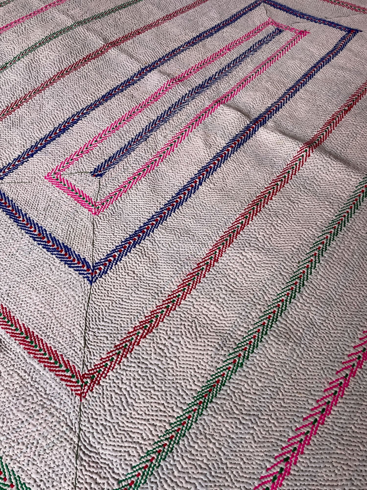 
                  
                    vintage kantha embroidered quilt in white pink. green cotton bedspread sofa throw washable uk
                  
                