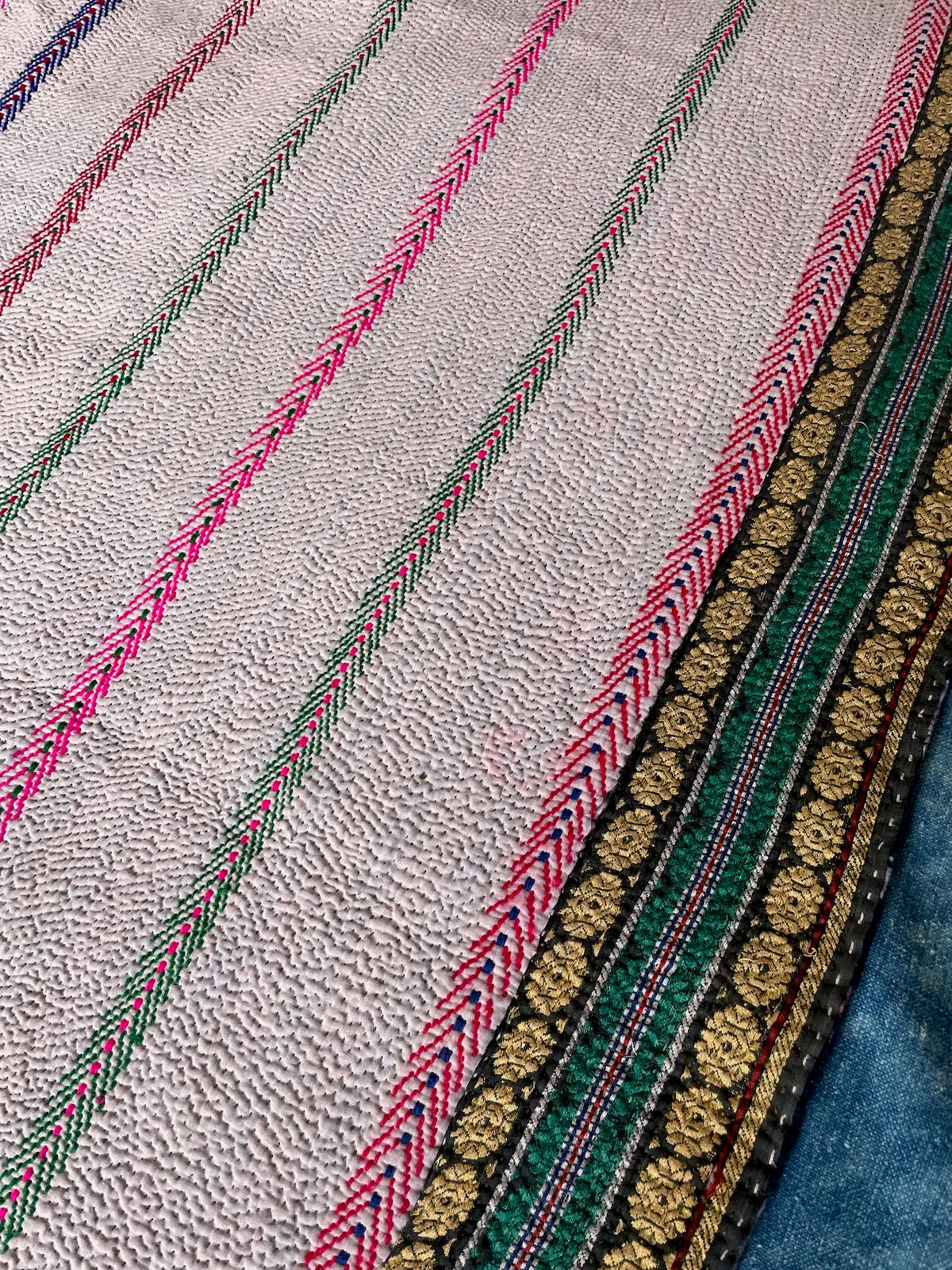 
                  
                    vintage kantha embroidered quilt in white pink. green cotton bedspread sofa throw washable uk
                  
                